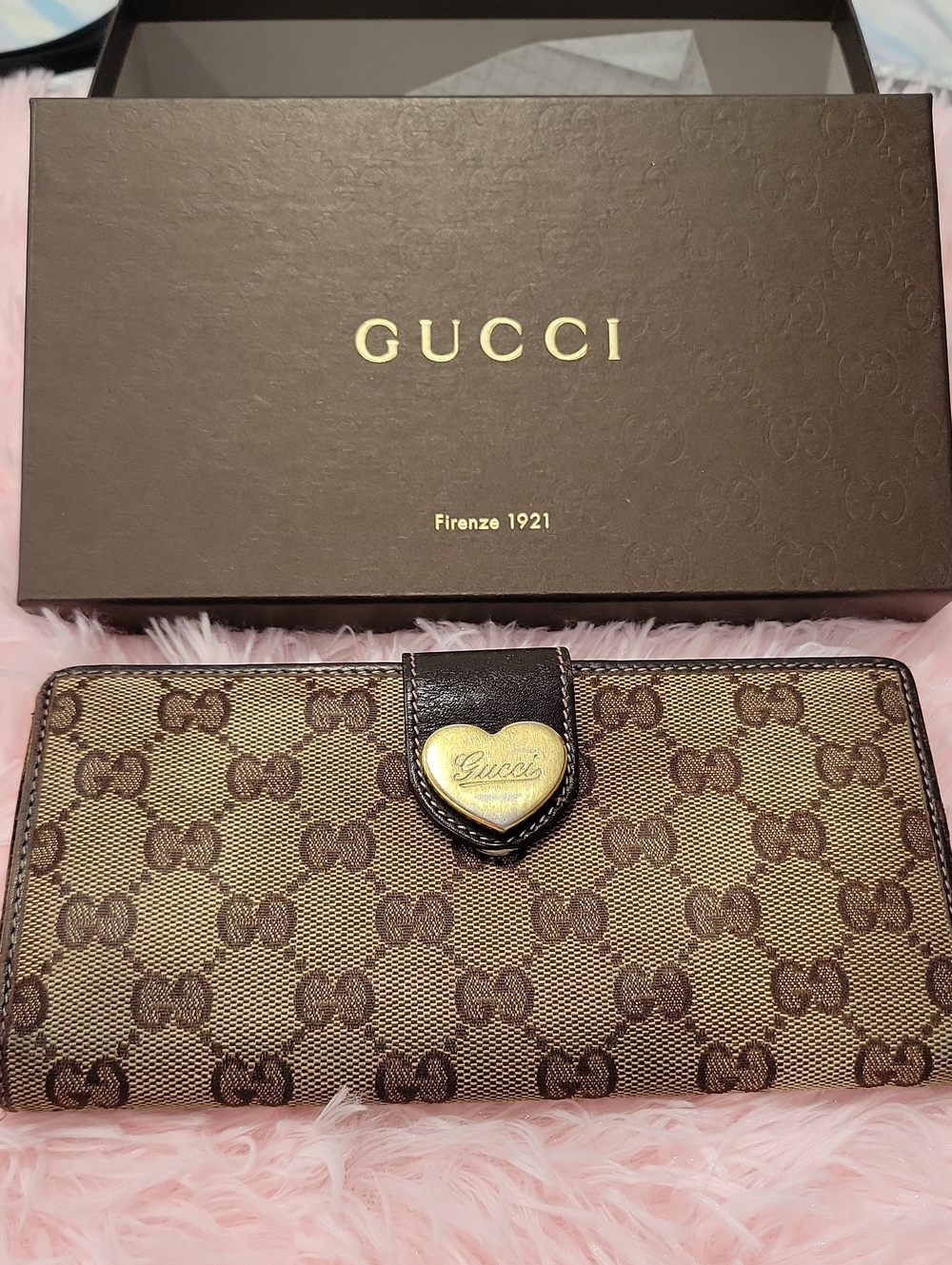 Gucci Beige and Brown GG Canvas Continental Wallet with Gold Heart